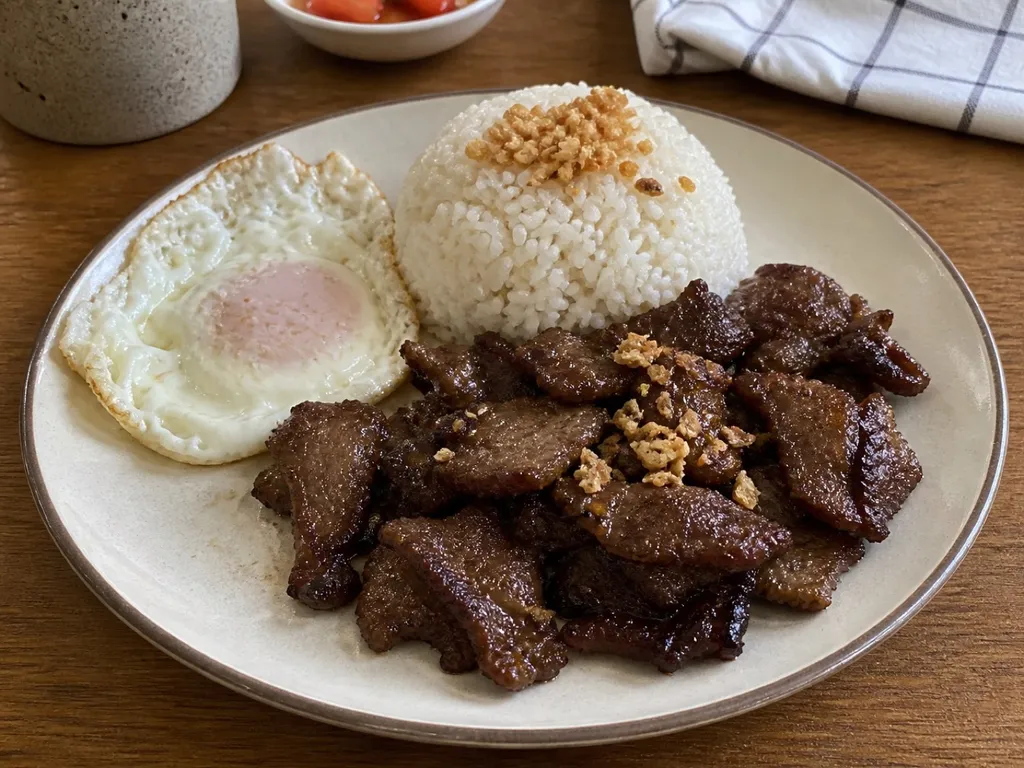 Tapsilog (Filipino Beef, Garlic Rice & Egg) — plated and served