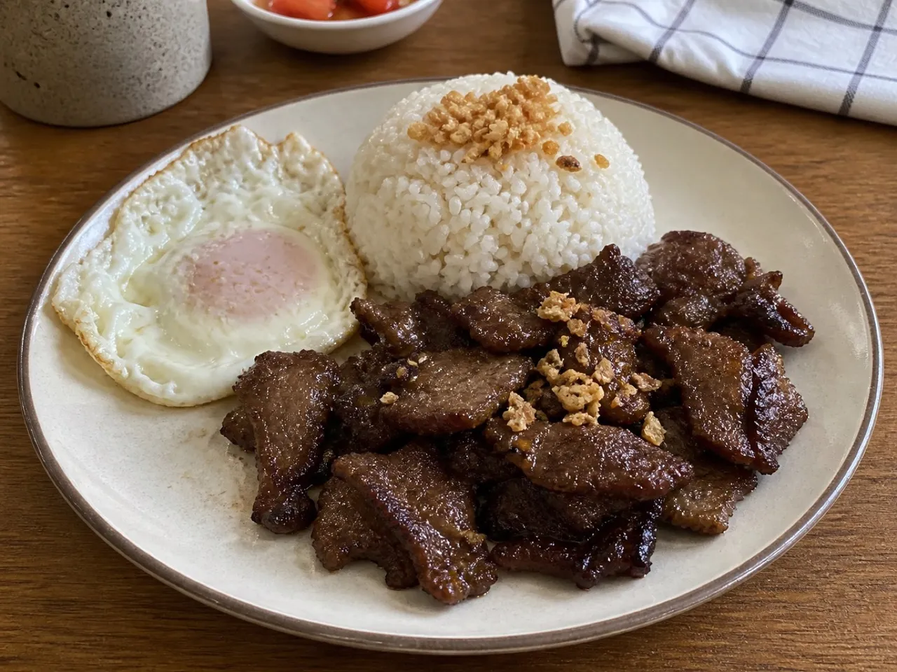 Tapsilog (Filipino Beef, Garlic Rice & Egg) — served