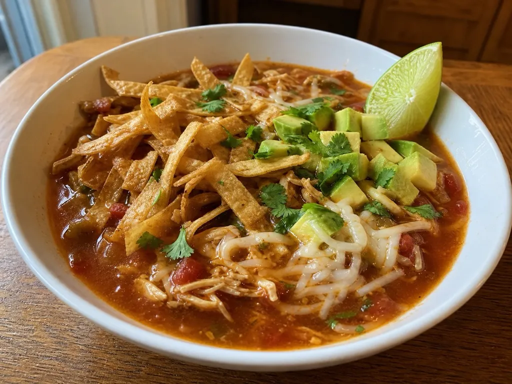 Tex-Mex Tortilla Soup — plated and served