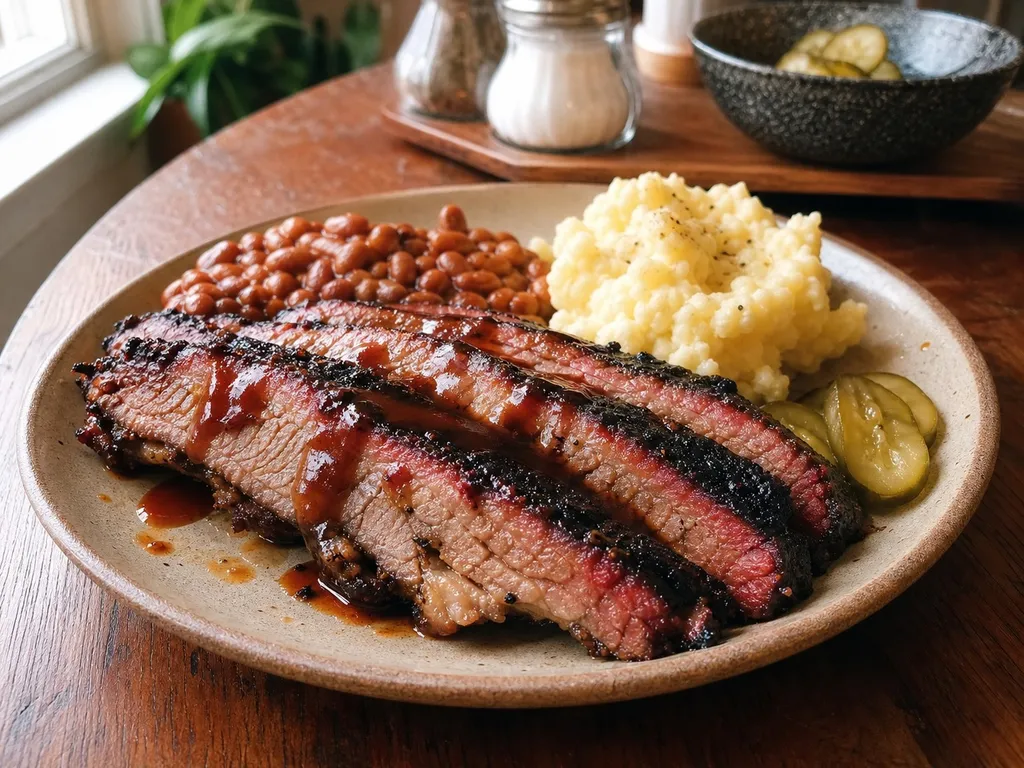 Texas Smoked Beef Brisket — plated and served