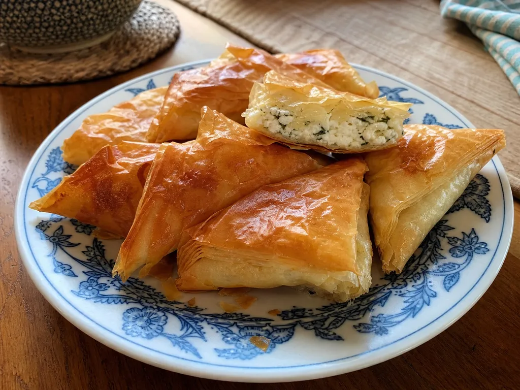 Tiropita (Greek Cheese Pie Triangles) — plated and served