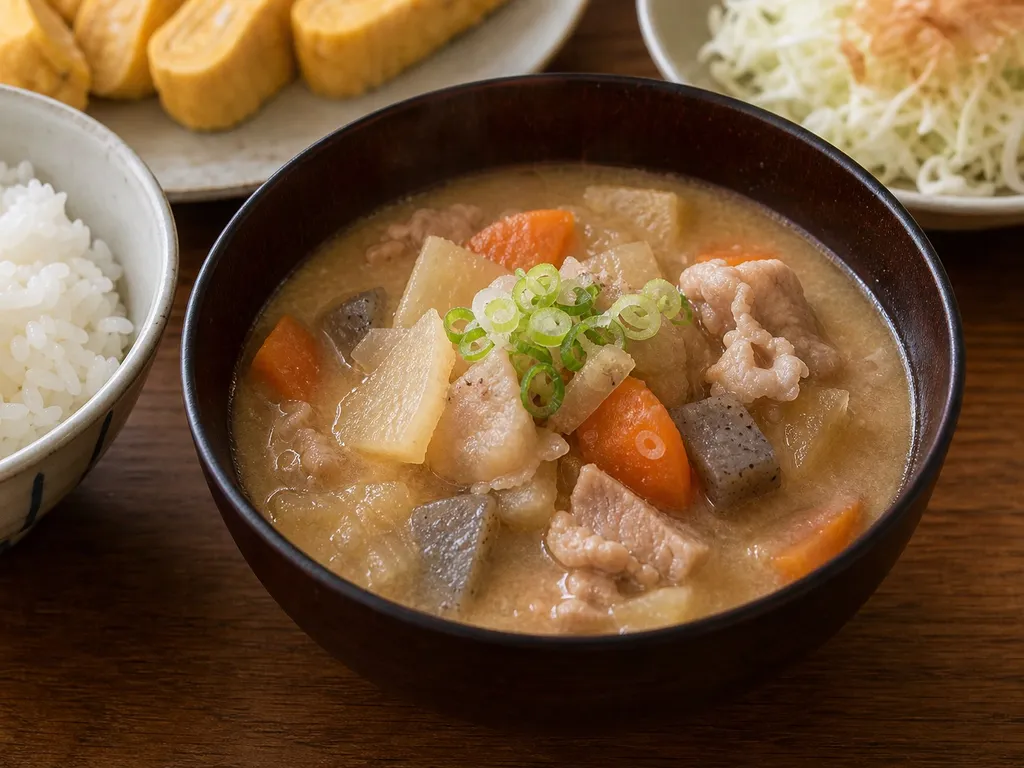 Tonjiru (Pork and Vegetable Miso Soup) — plated and served