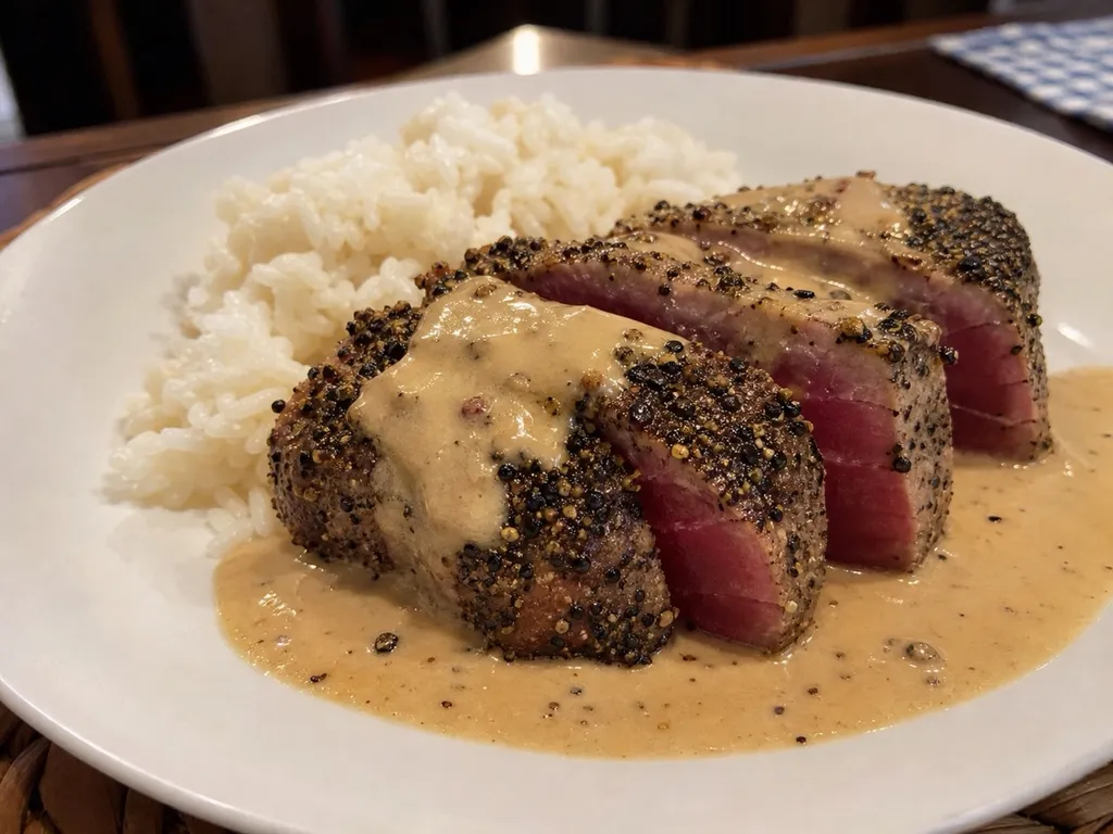 Tuna Steak au Poivre — plated and served