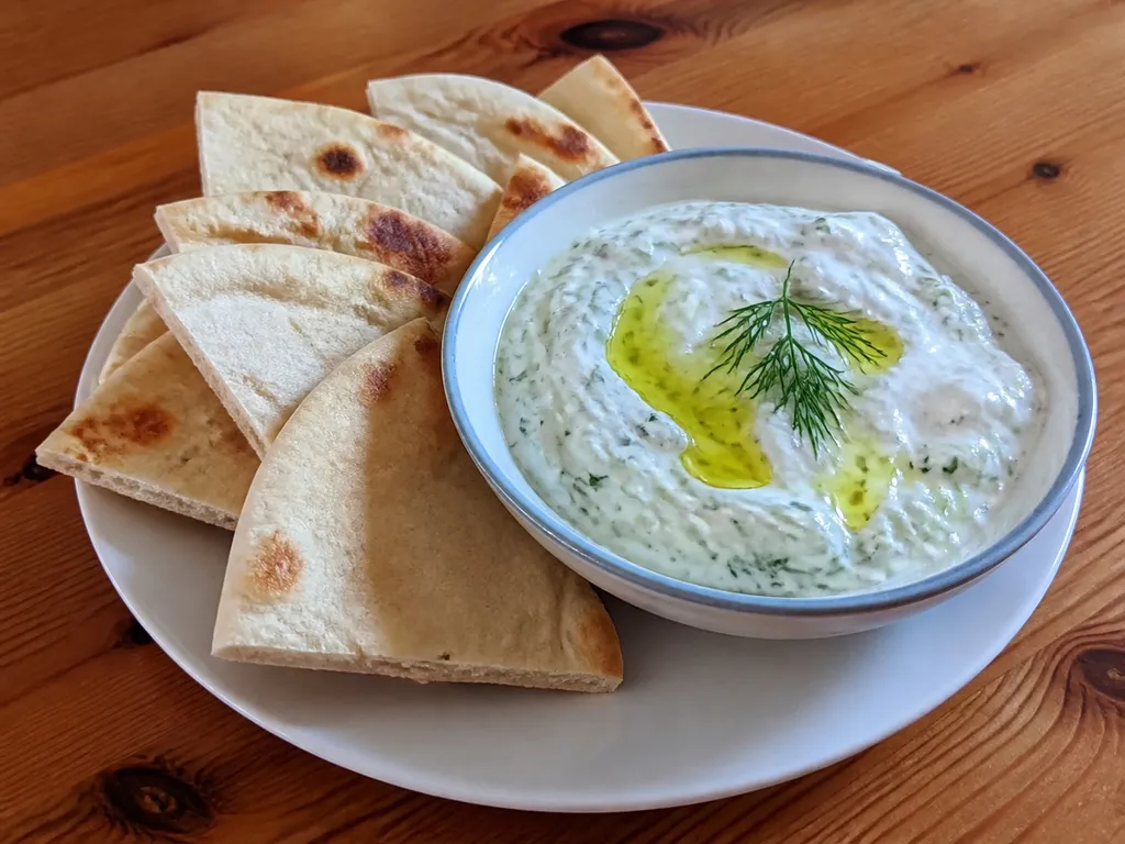 Tzatziki (Cucumber Yogurt Dip) — plated and served