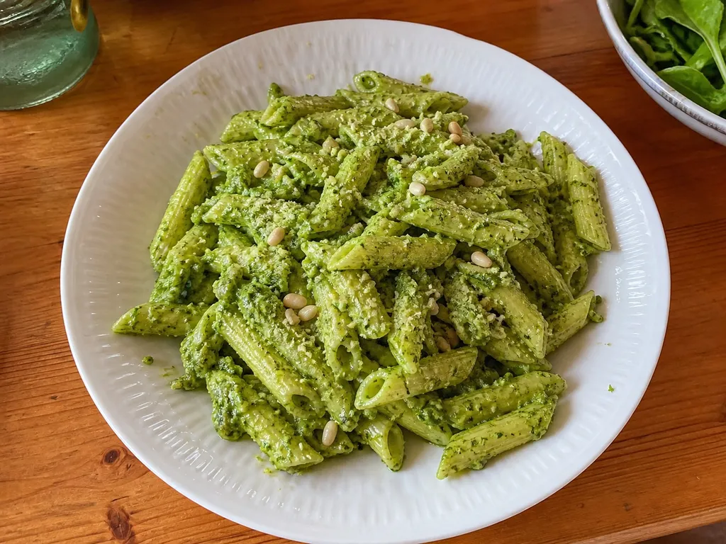 Vegan Pesto Pasta — plated and served