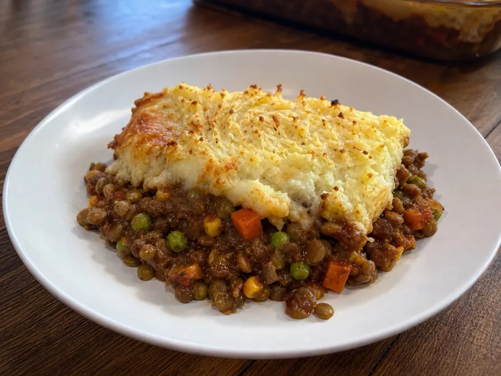 Vegan Shepherd's Pie — plated and served