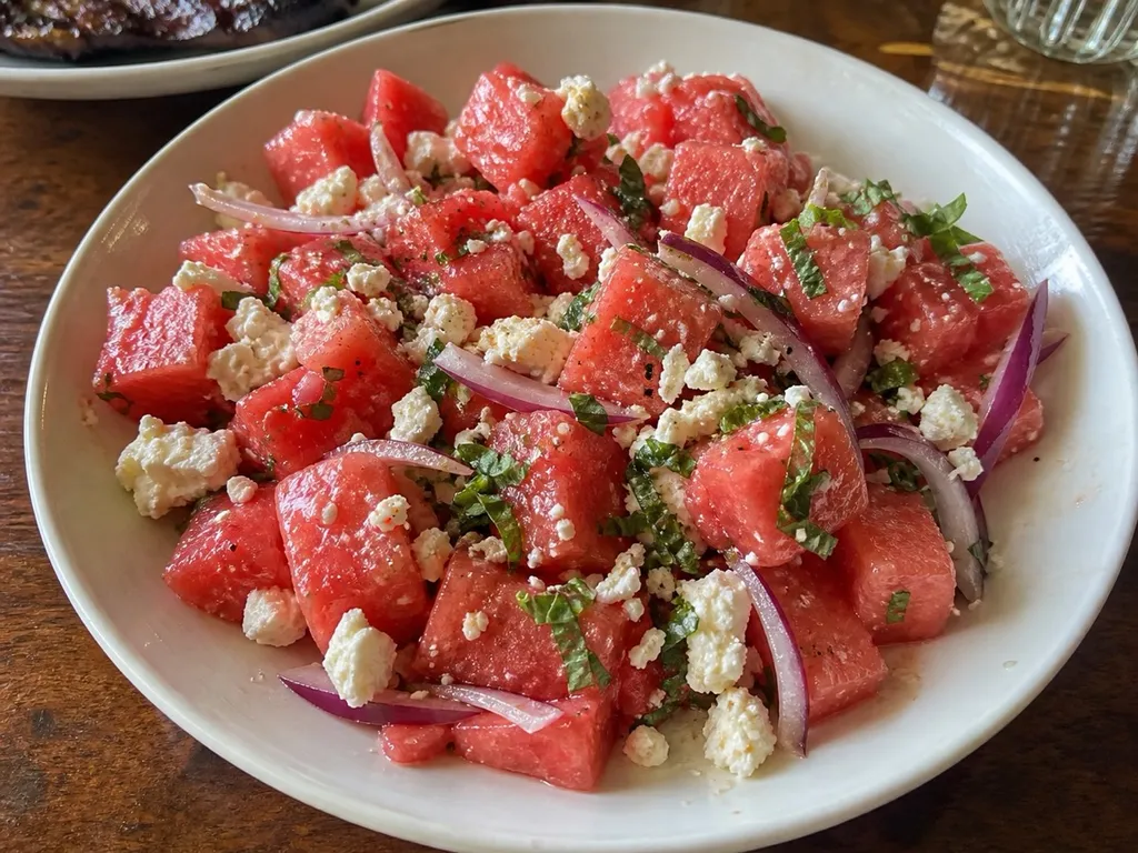 Watermelon Feta Mint Salad — plated and served