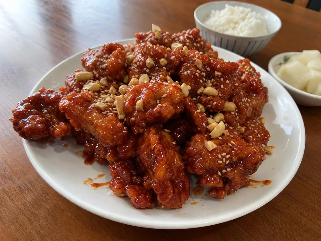 Yangnyeom Chicken (Korean Fried Chicken) — plated and served