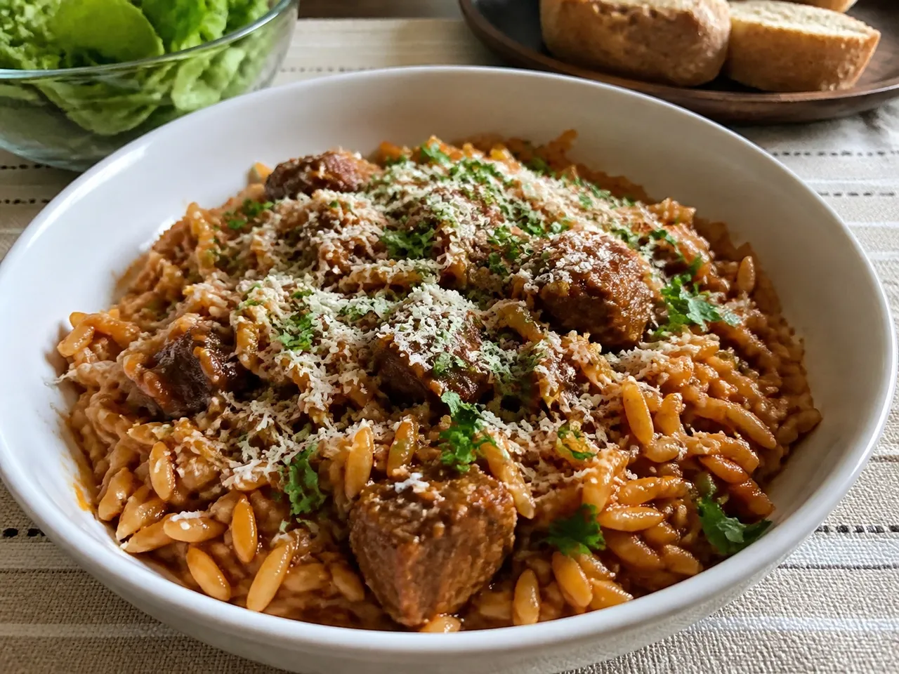 Youvetsi (Beef and Orzo Baked in Tomato Sauce) — served