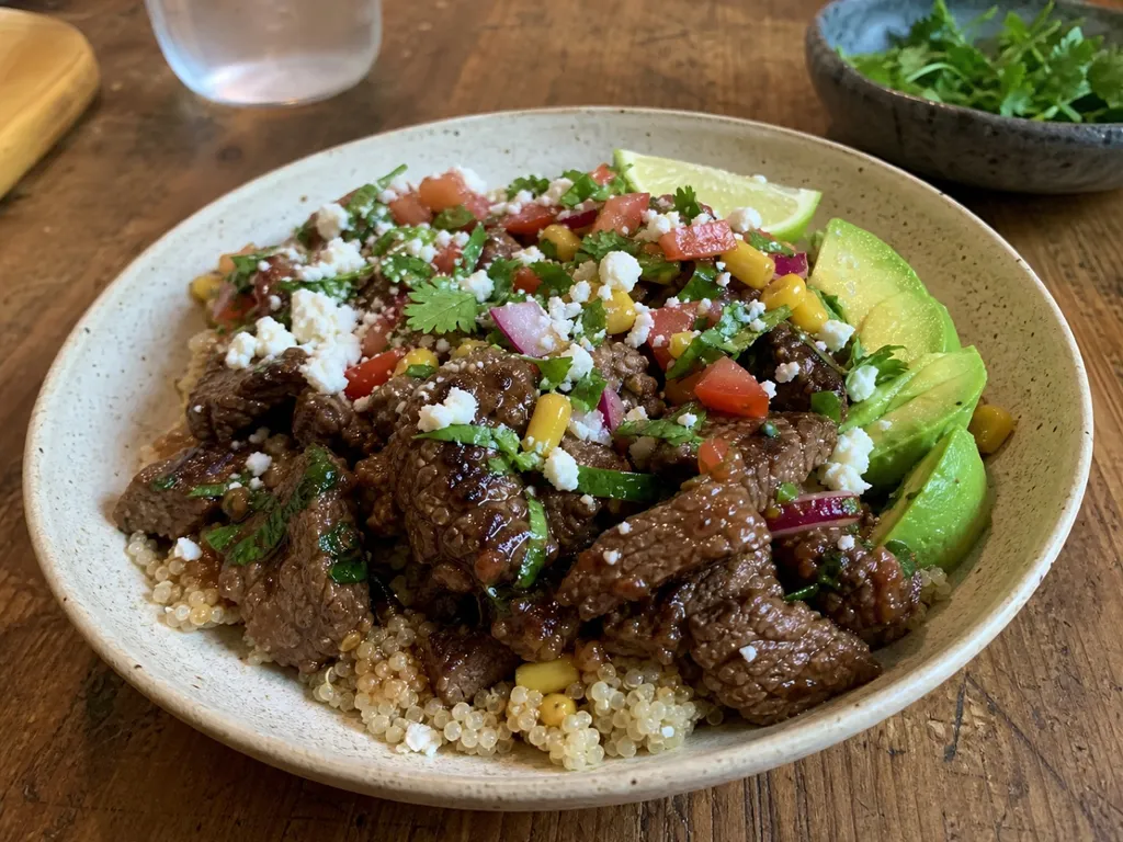 Zesty Beef and Quinoa Bowl — plated and served