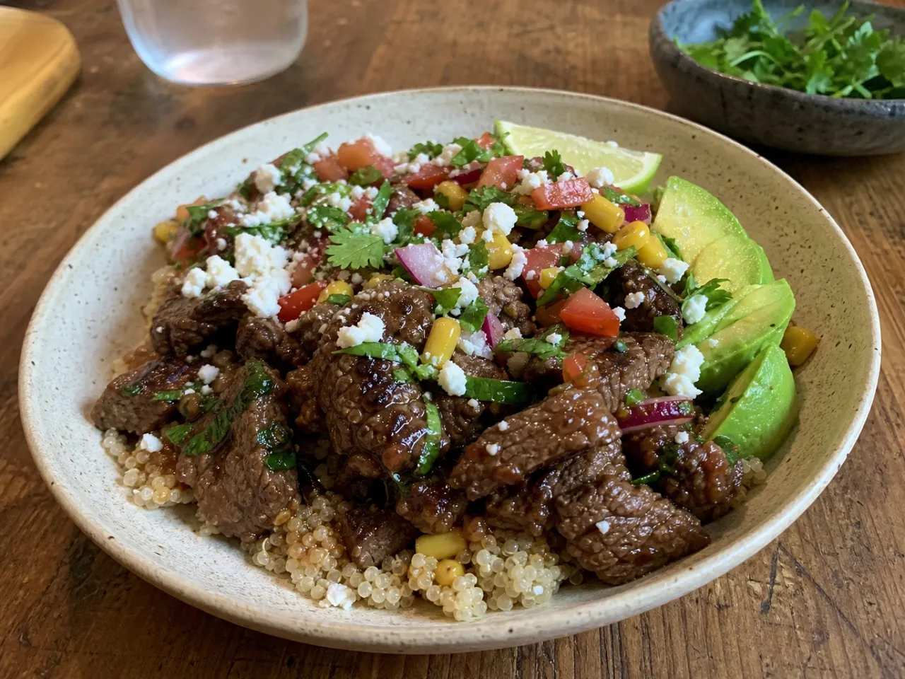Zesty Beef and Quinoa Bowl — served