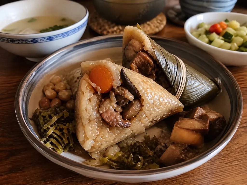 Zongzi (Sticky Rice Dumplings) — plated and served