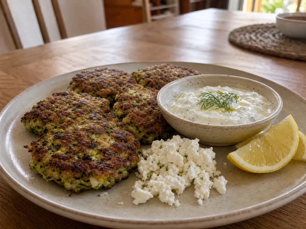 Zucchini Fritters (Kolokithokeftedes) — plated and served